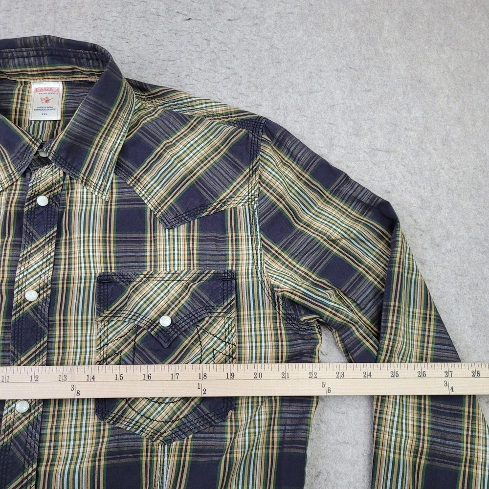 True Religion Pearl Snap Western Shirt Mens 2XL Green Plaid Long Sleeve